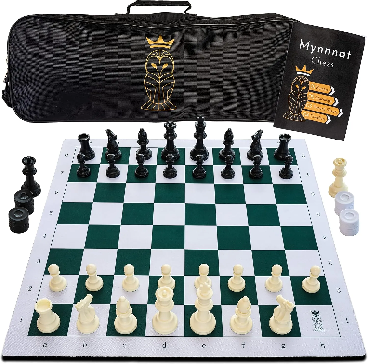 Mynnnat Professional Chess Set, Thick Tournament Roll up Board and Pieces with Travel Bag, Checkers and Unique Booklet for Chess Training - White & Green