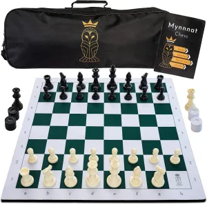 Mynnnat Professional Chess Set, Thick Tournament Roll up Board and Pieces with Travel Bag, Checkers and Unique Booklet for Chess Training - White & Green