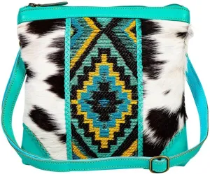 Myra Bag Crossbody Bag for Women - Western Upcycled Hairon Canvas & Leather Shoulder Handbag Turquoise
