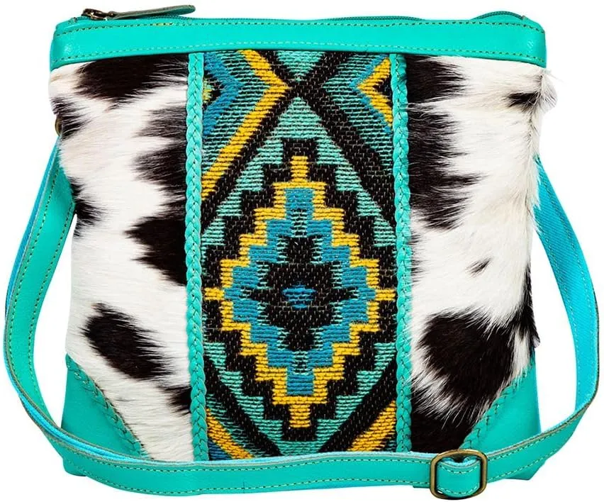 Myra Bag Crossbody Bag for Women - Western Upcycled Hairon Canvas & Leather Shoulder Handbag Turquoise