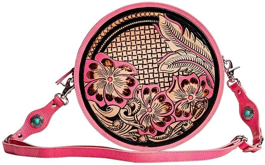 Myra Bag Round Bag for Women - Western Upcycled Leather Shoulder Bag Pink
