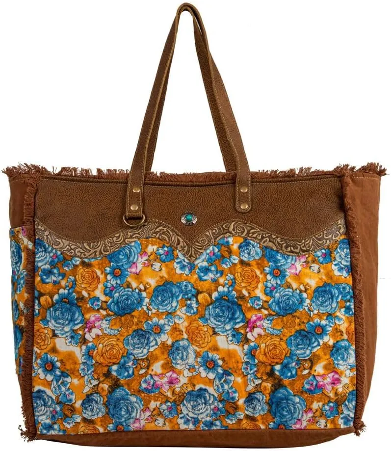 Myra Bag Weekender Bag for Women - Western Upcycled Canvas & Leather Shoulder Bag Blue Ridge Blooms