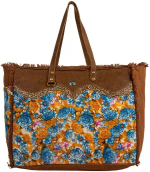 Myra Bag Weekender Bag for Women - Western Upcycled Canvas & Leather Shoulder Bag Blue Ridge Blooms