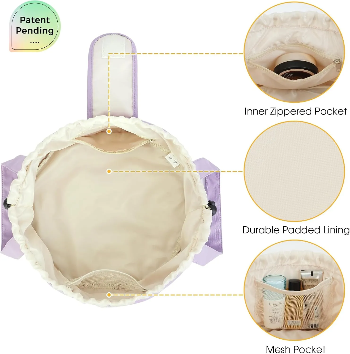 Narwey Barrel Drawstring Makeup Bag Large Cosmetic Bag Make up Bags Toiletry Bag Travel Bags for Toiletries Organizer for Women Gift for Teen Girls (Purple) (Patent)