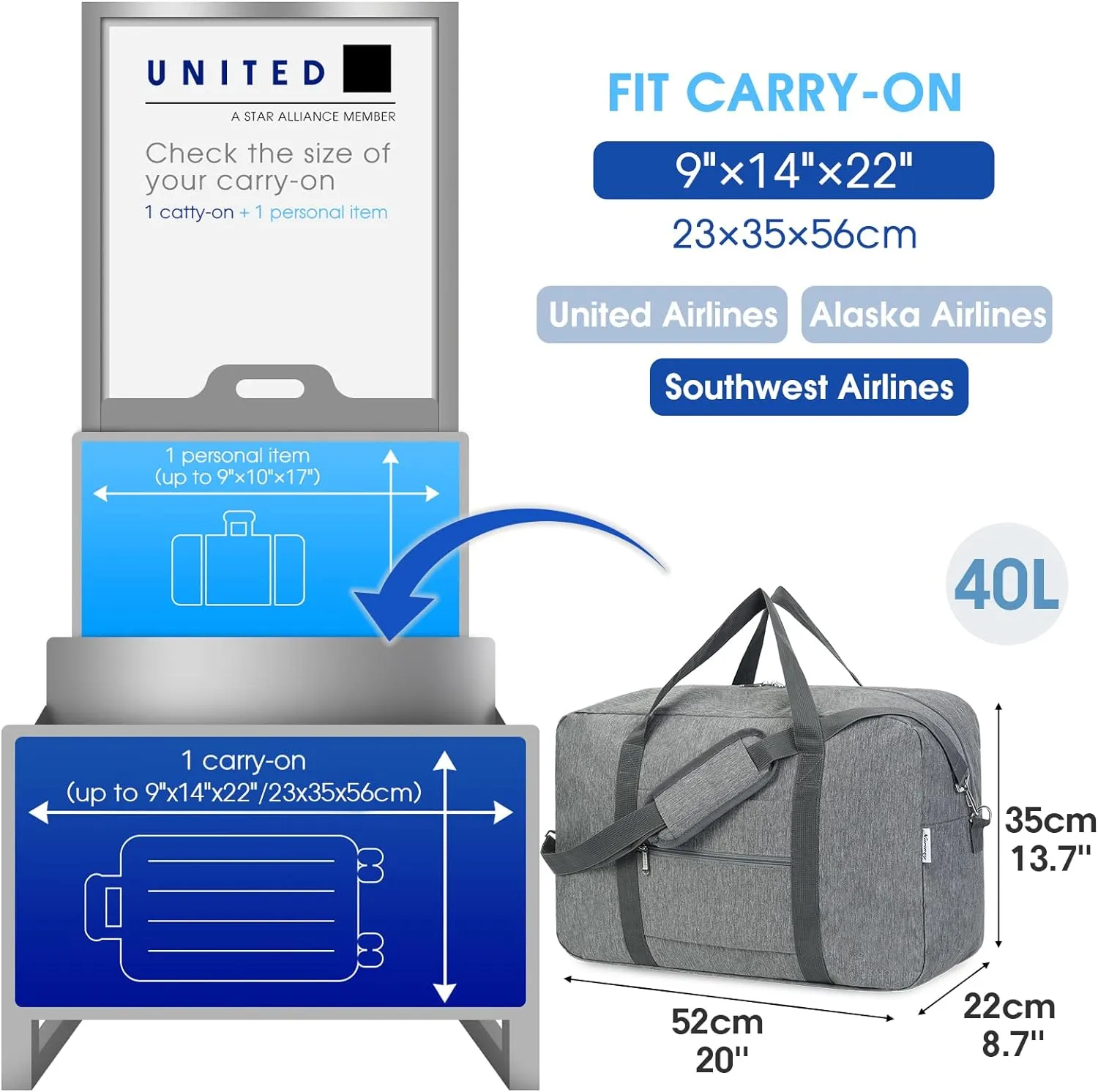 Narwey Foldable Carry on Luggage 22x14x9 Airline Approved Duffle Bag for Travel Packable Duffel Bag for Traveling Airplane for Women and Men 40L (Grey (With Shoulder Strap))