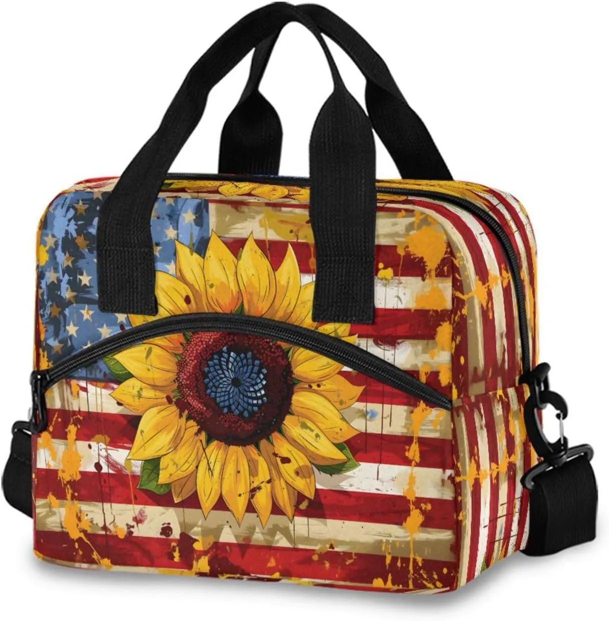 National Flag Sunflower Lunch Box for Men Women Adults Insulated Lunch Bag Cooler Bag with Adjustable Shoulder Strap for Work Picnic Travel
