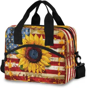 National Flag Sunflower Lunch Box for Men Women Adults Insulated Lunch Bag Cooler Bag with Adjustable Shoulder Strap for Work Picnic Travel