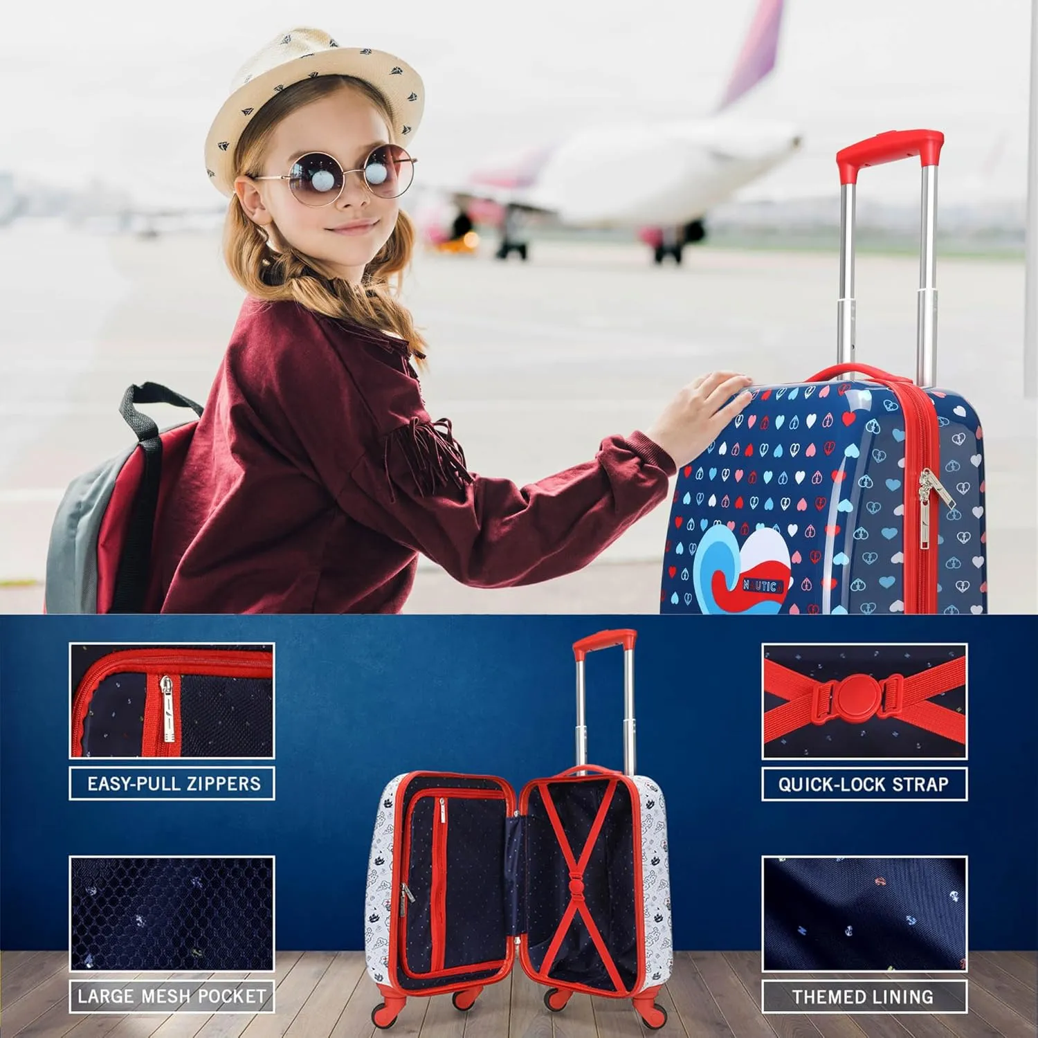 NAUTICA Kids Luggage - 18" Airline Approved Rolling Hardside Upright Carry-on Suitcase Set with Wheels (Pastel Shell | 5pc Travel Set)