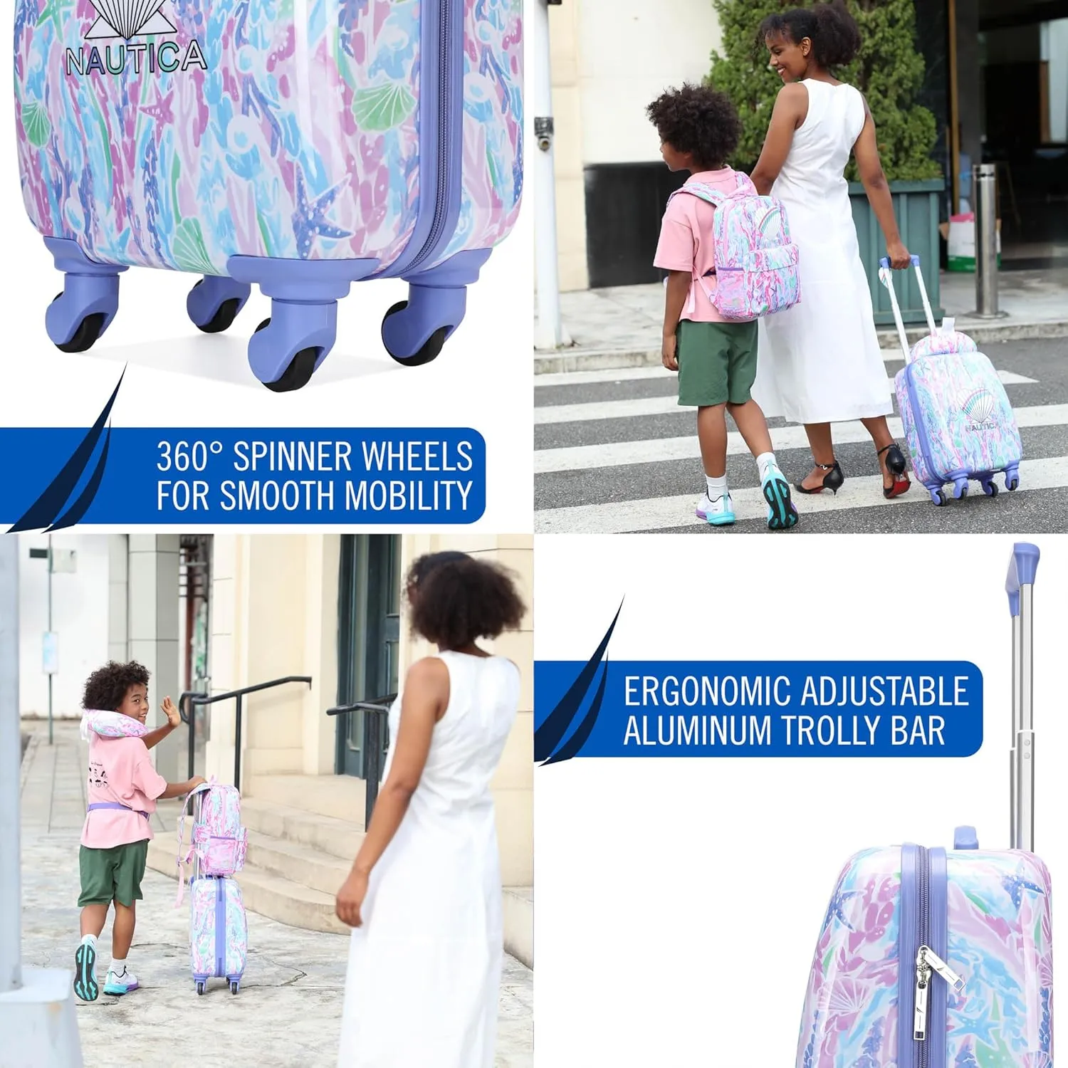 NAUTICA Kids Luggage - 18" Airline Approved Rolling Hardside Upright Carry-on Suitcase Set with Wheels (Pastel Shell | 5pc Travel Set)