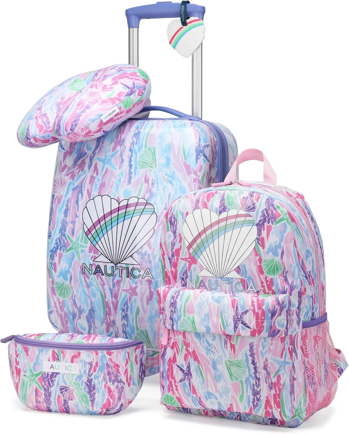 NAUTICA Kids Luggage - 18" Airline Approved Rolling Hardside Upright Carry-on Suitcase Set with Wheels (Pastel Shell | 5pc Travel Set)