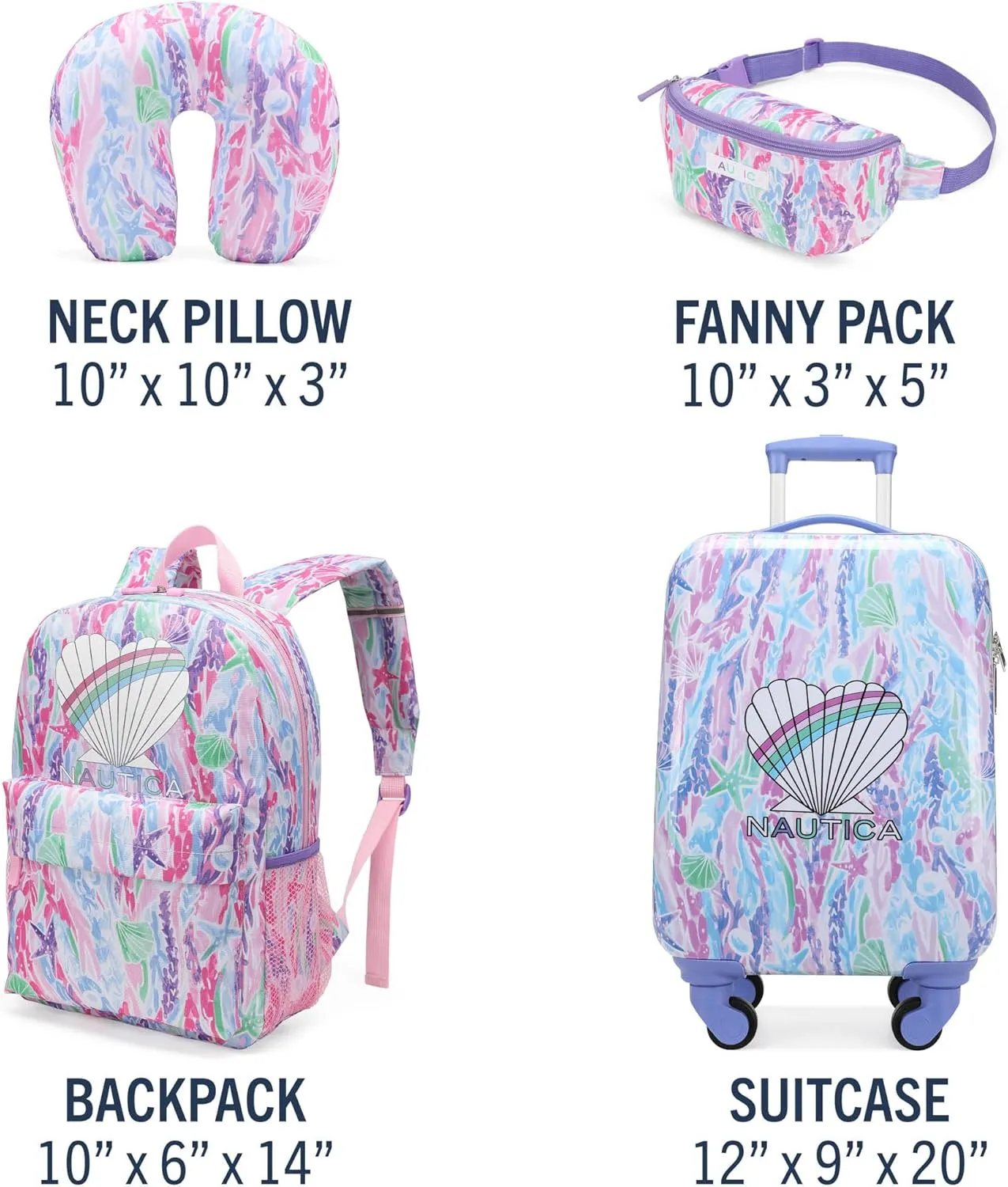 NAUTICA Kids Luggage - 18" Airline Approved Rolling Hardside Upright Carry-on Suitcase Set with Wheels (Pastel Shell | 5pc Travel Set)