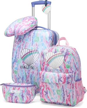 NAUTICA Kids Luggage - 18" Airline Approved Rolling Hardside Upright Carry-on Suitcase Set with Wheels (Pastel Shell | 5pc Travel Set)