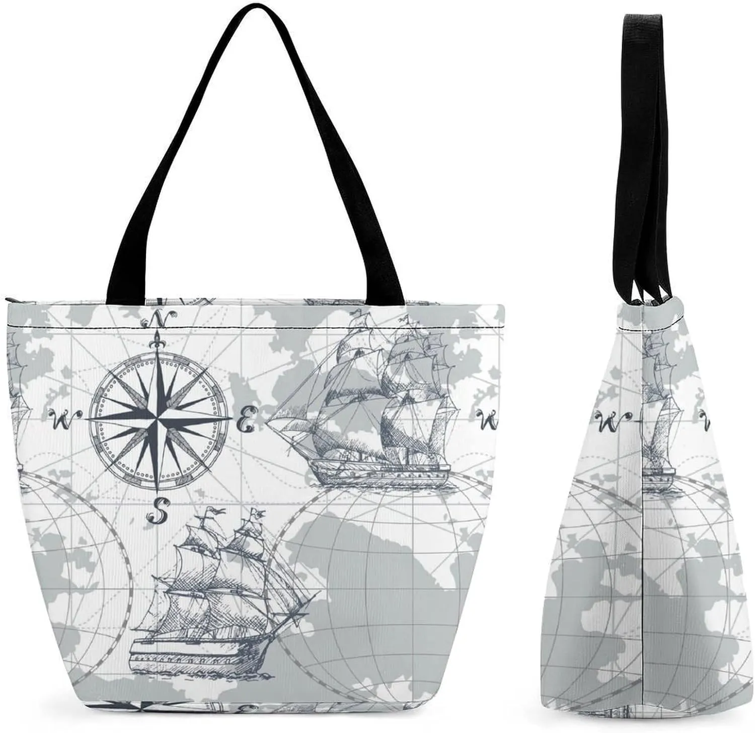 Nautical Sea Map Compass Sailing Ship Large Fashion Totes Bag Women's Casual Purses Work Handbags Shopping Bag