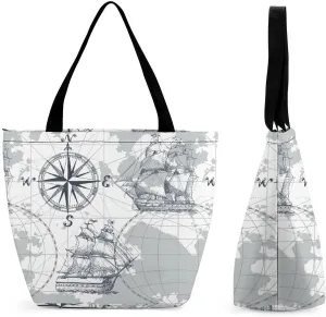 Nautical Sea Map Compass Sailing Ship Large Fashion Totes Bag Women's Casual Purses Work Handbags Shopping Bag