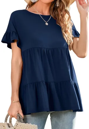 Neineiwu Women's Casual Ruffle Short Sleeve Crewneck Loose Tops Blouses Tunics