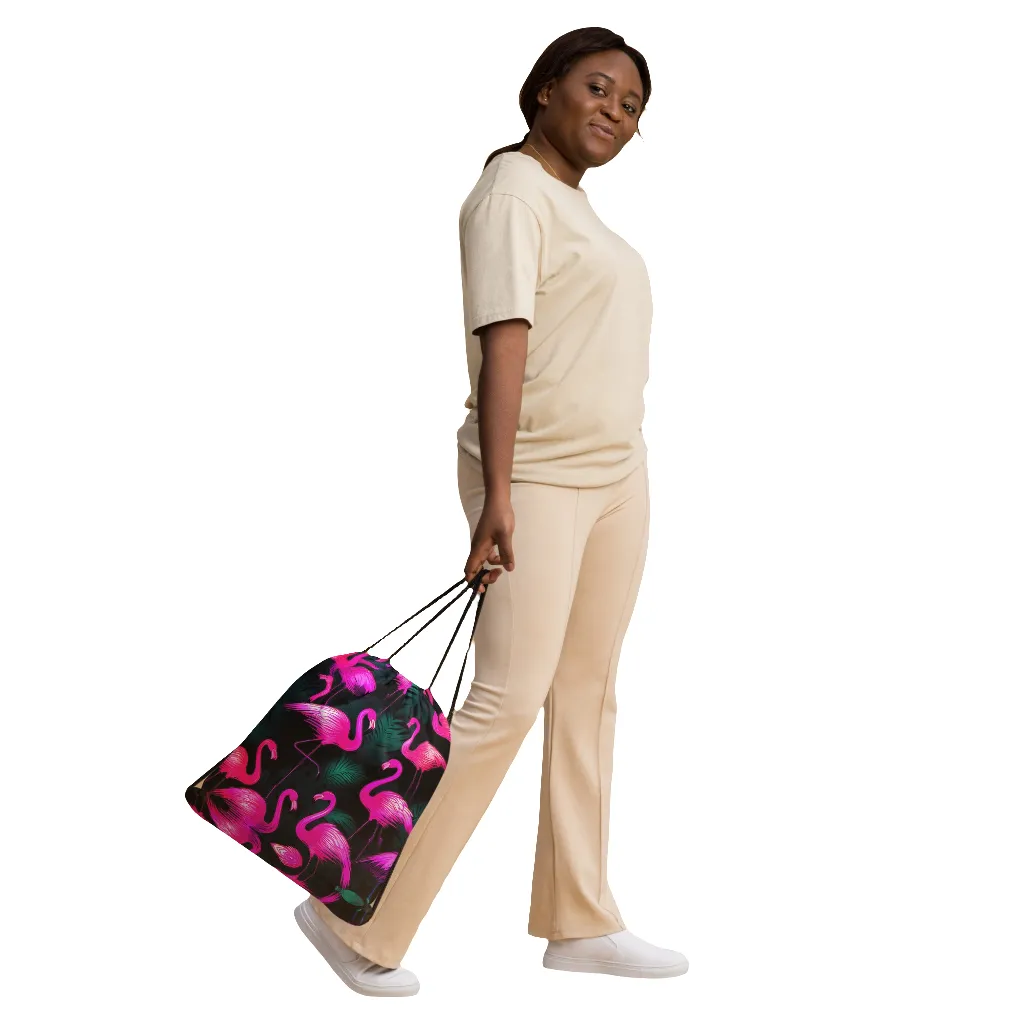Neon Pink Flamingo Drawstring bag
