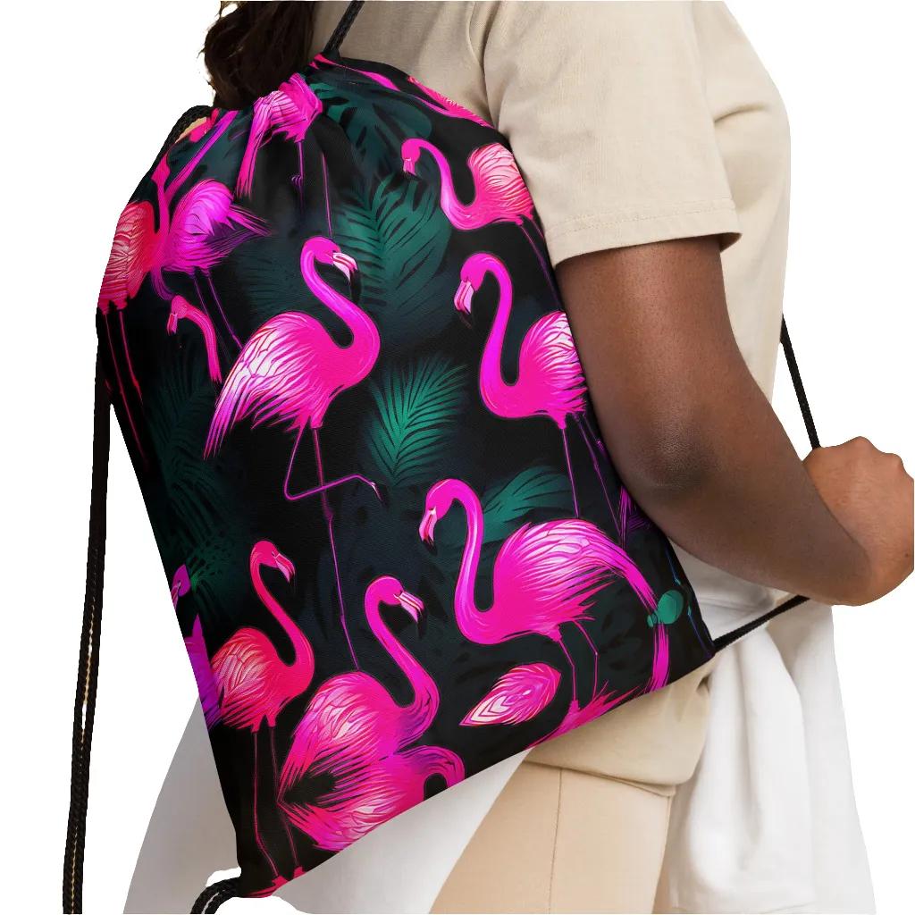 Neon Pink Flamingo Drawstring bag