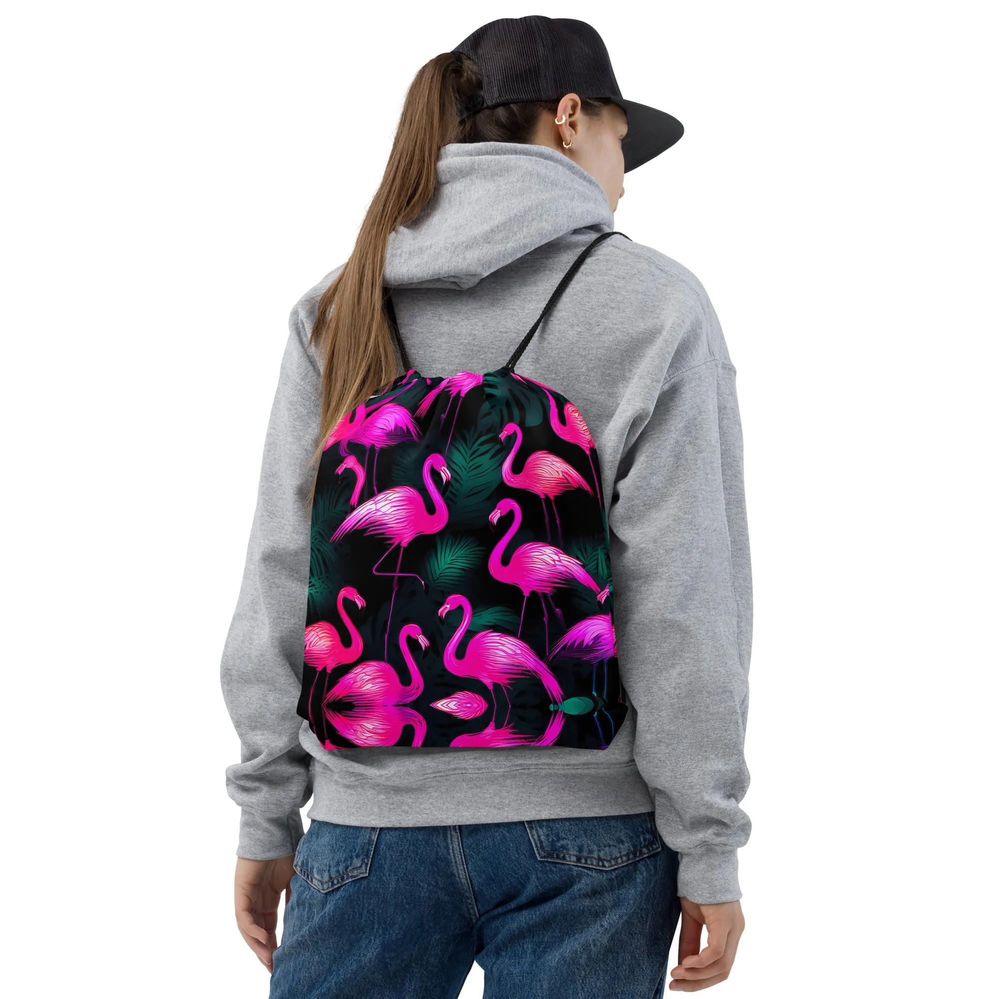 Neon Pink Flamingo Drawstring bag