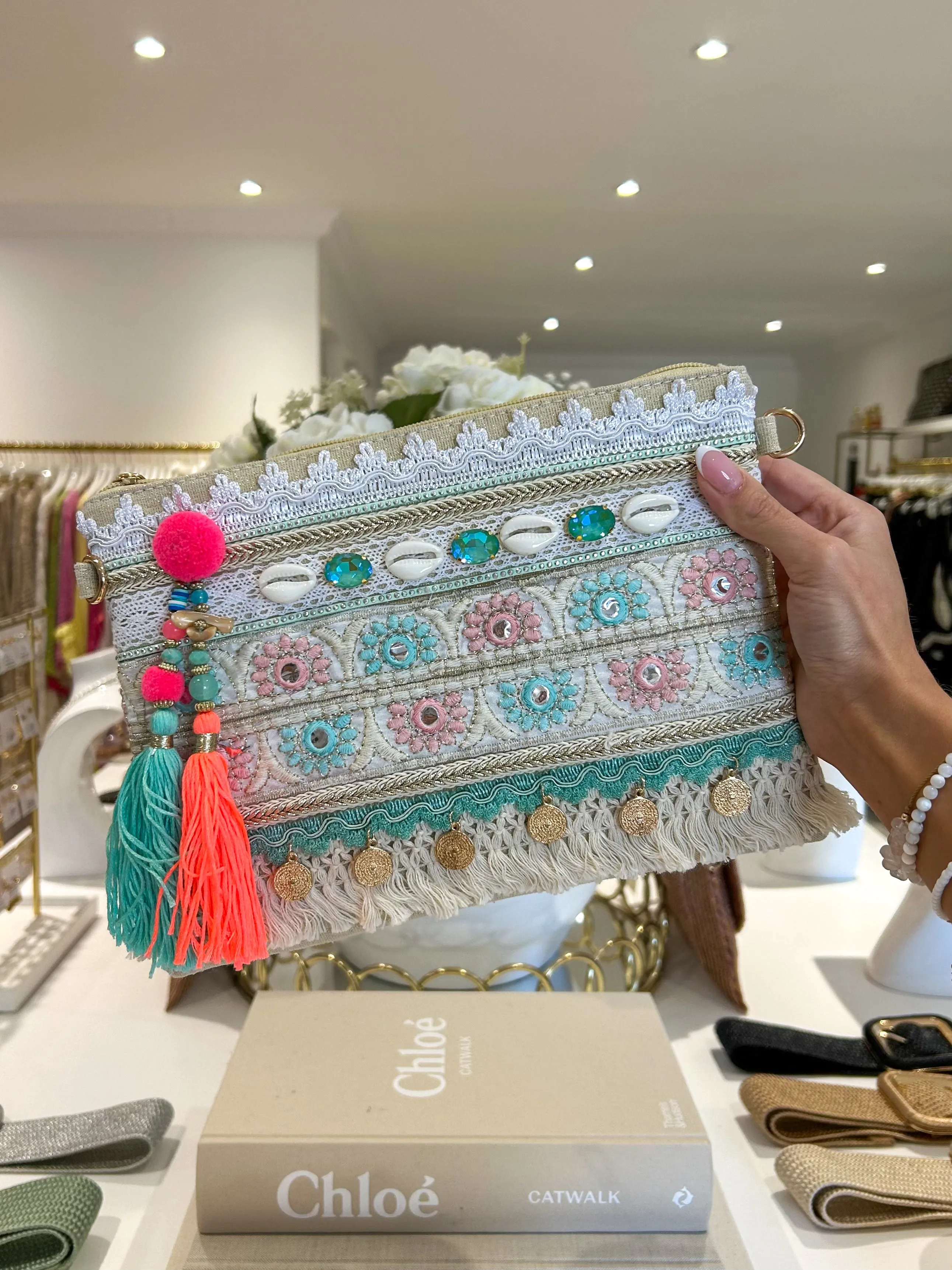 Neon Tassel Flower Embroidery Detail Clutch Bag