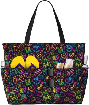 Neon Video Game Controller Large Capacity Travel Bag Lightweight Shopping Handbag Beach Tote Bags Casual Work Bag