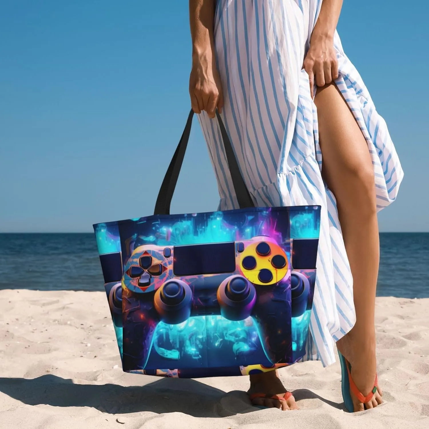 Neon Video Game Controller Large Capacity Travel Bag Lightweight Shopping Handbag Beach Tote Bags Casual Work Bag