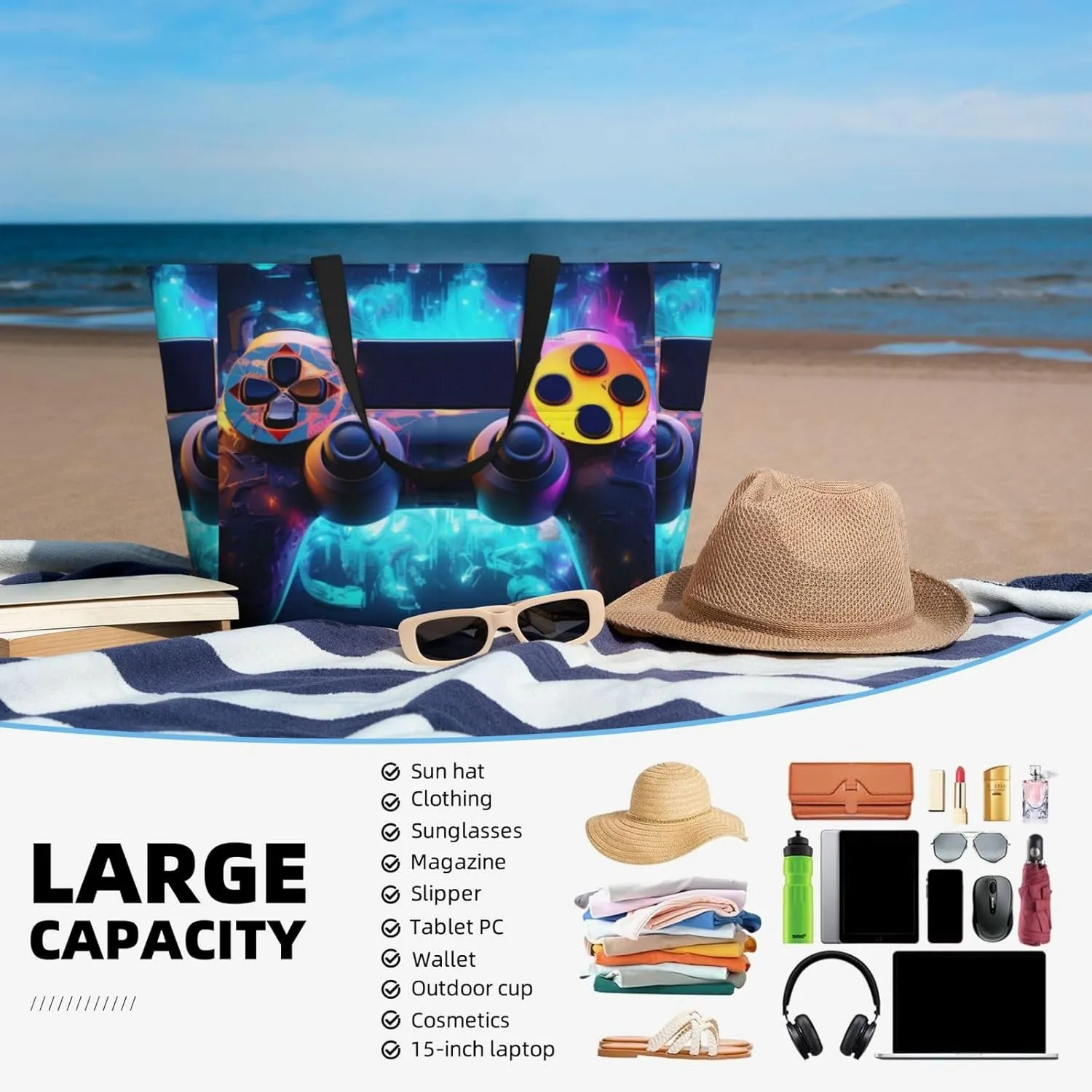 Neon Video Game Controller Large Capacity Travel Bag Lightweight Shopping Handbag Beach Tote Bags Casual Work Bag