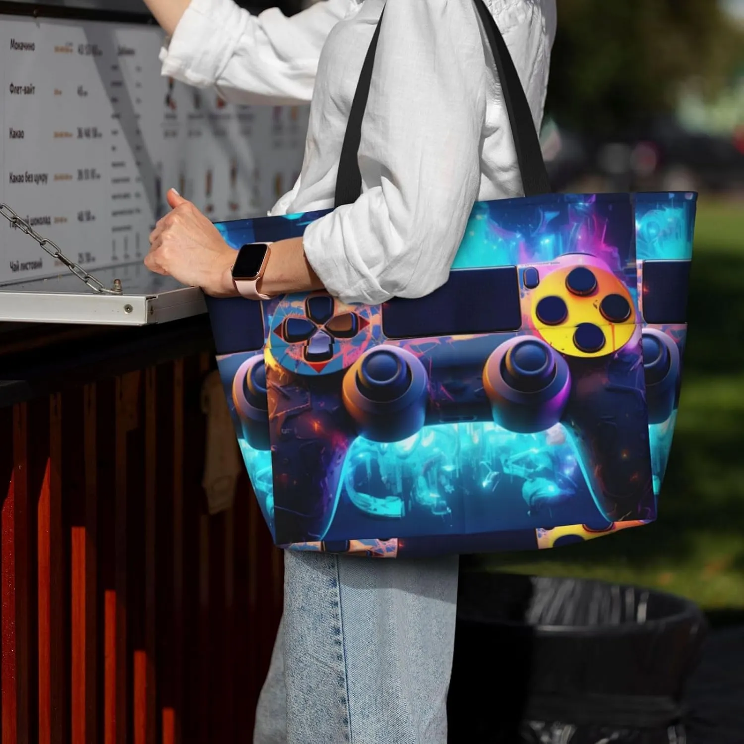 Neon Video Game Controller Large Capacity Travel Bag Lightweight Shopping Handbag Beach Tote Bags Casual Work Bag