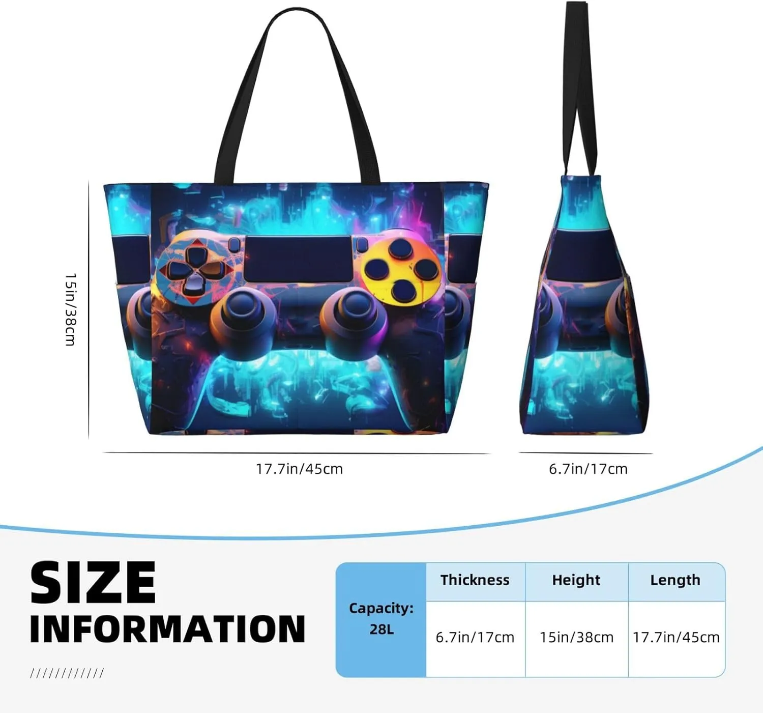 Neon Video Game Controller Large Capacity Travel Bag Lightweight Shopping Handbag Beach Tote Bags Casual Work Bag