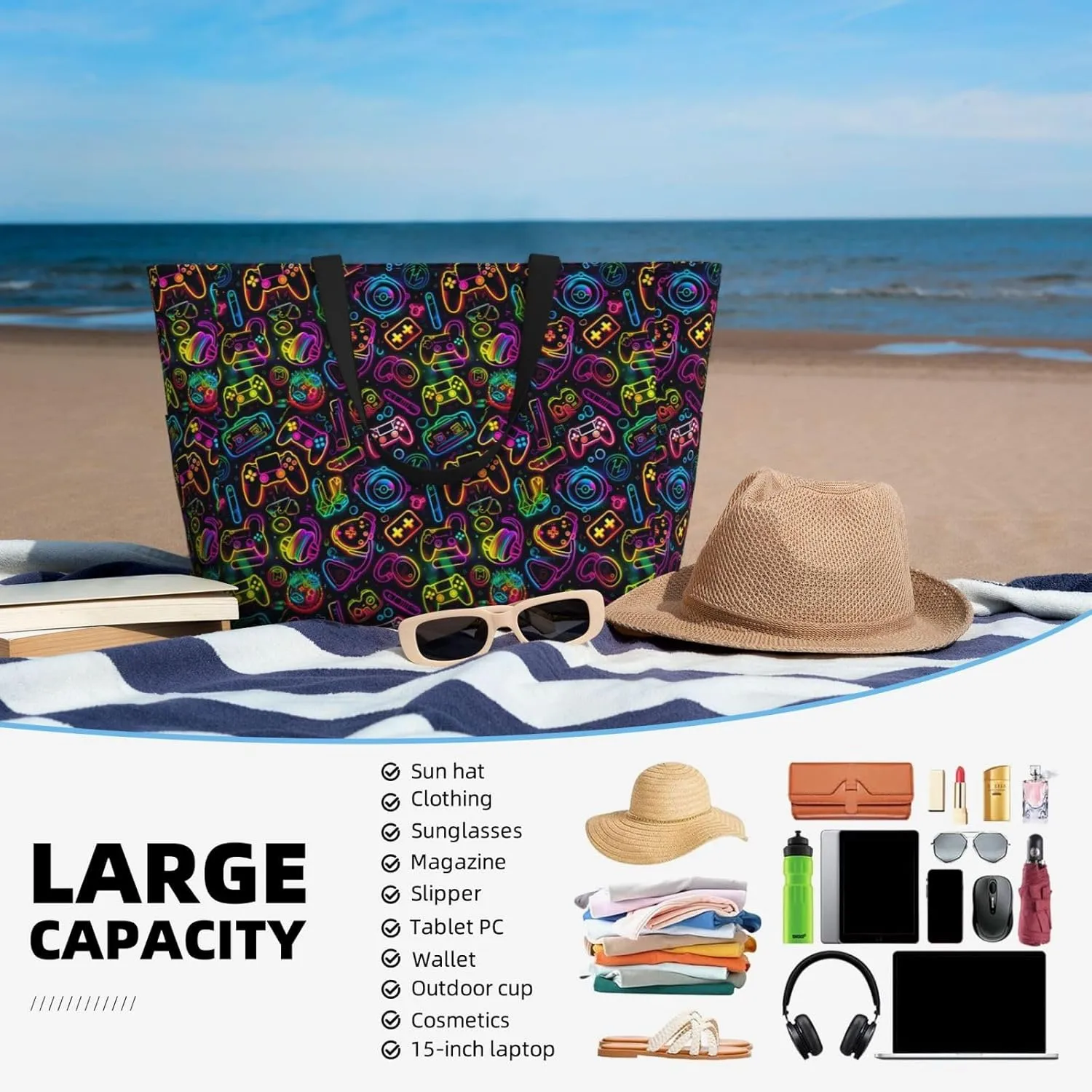 Neon Video Game Controller Large Capacity Travel Bag Lightweight Shopping Handbag Beach Tote Bags Casual Work Bag