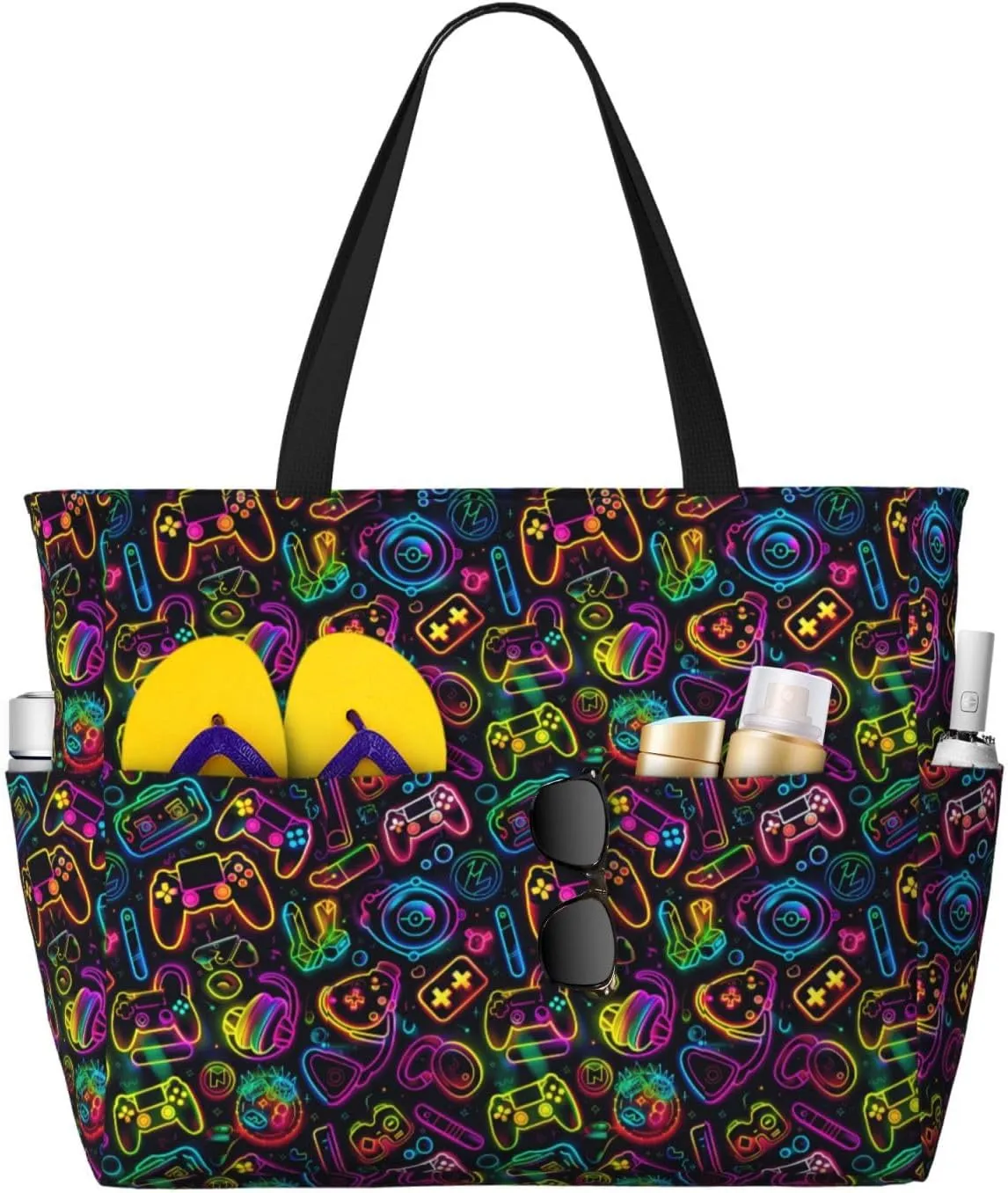 Neon Video Game Controller Large Capacity Travel Bag Lightweight Shopping Handbag Beach Tote Bags Casual Work Bag