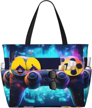 Neon Video Game Controller Large Capacity Travel Bag Lightweight Shopping Handbag Beach Tote Bags Casual Work Bag