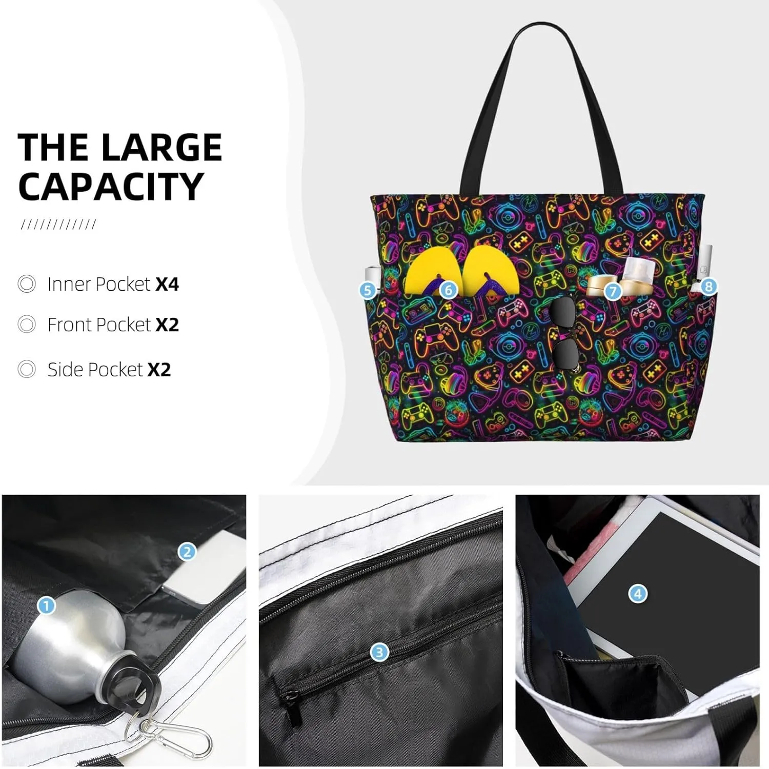 Neon Video Game Controller Large Capacity Travel Bag Lightweight Shopping Handbag Beach Tote Bags Casual Work Bag