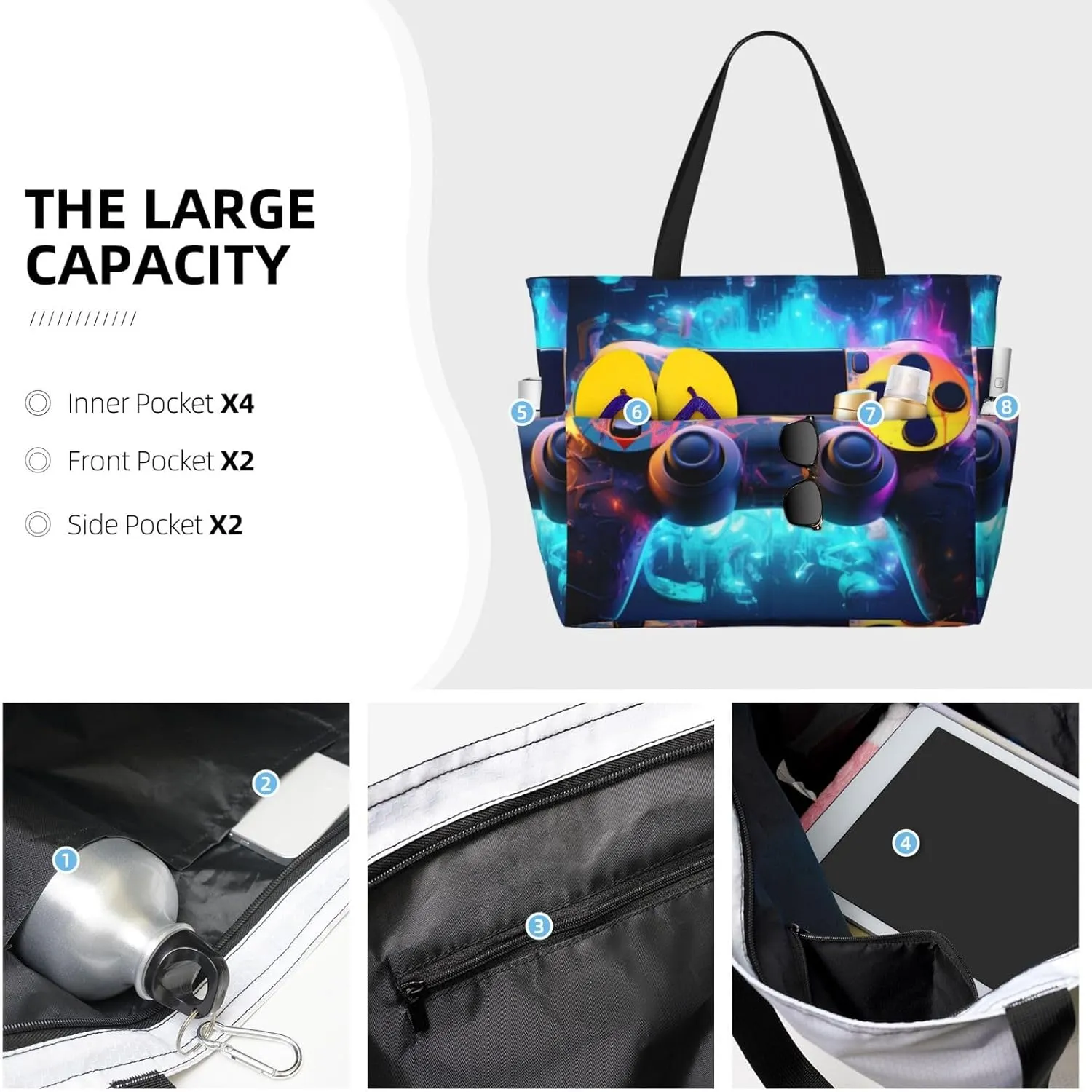 Neon Video Game Controller Large Capacity Travel Bag Lightweight Shopping Handbag Beach Tote Bags Casual Work Bag