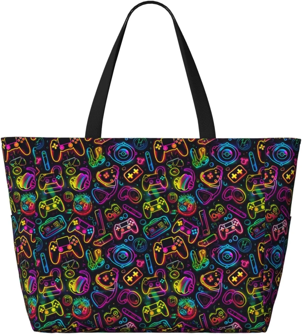 Neon Video Game Controller Large Capacity Travel Bag Lightweight Shopping Handbag Beach Tote Bags Casual Work Bag
