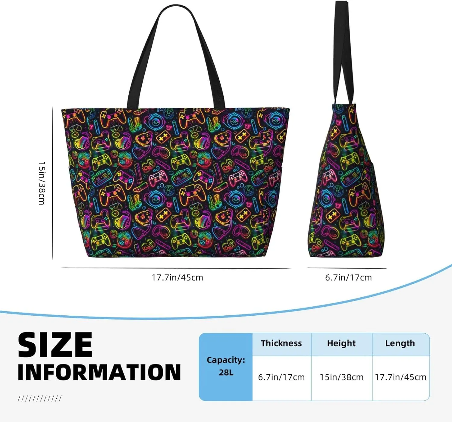 Neon Video Game Controller Large Capacity Travel Bag Lightweight Shopping Handbag Beach Tote Bags Casual Work Bag