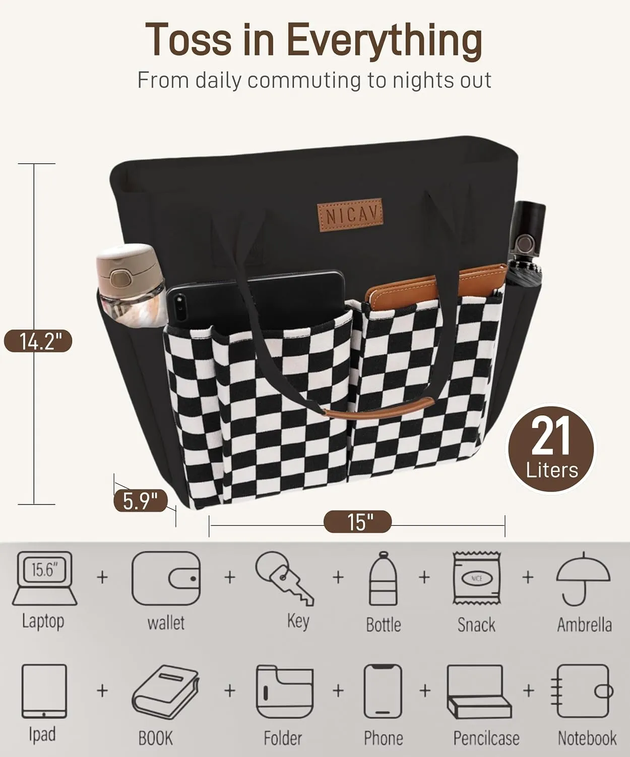 Nicav Canvas Tote Bags for Women, Large Utility Tote Bags with Pockets Zip Top for Teacher Nurse Work