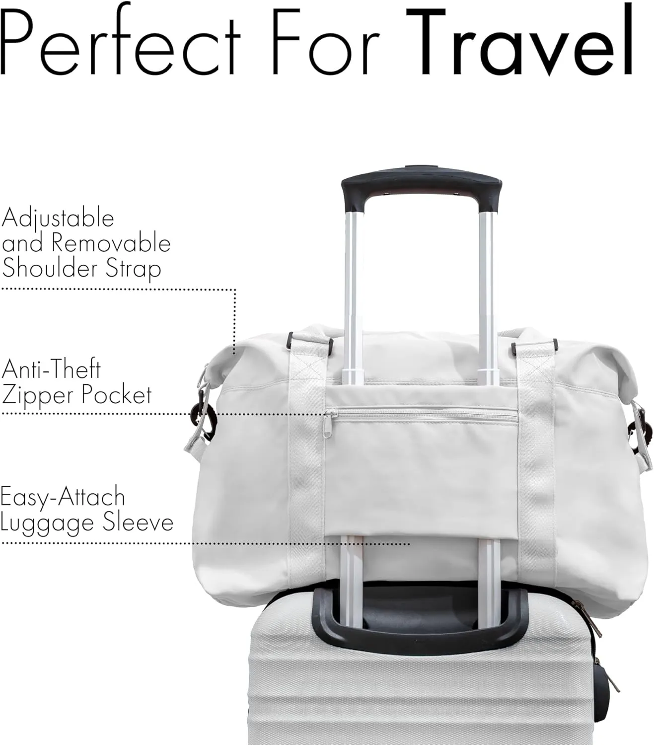 (Not Made In China) Travel Duffel Bag For Women, Waterproof Gym Tote, Overnight Weekender and Personal Item Bag, Carry On Duffle With Shoulder Strap and Luggage Trolley Sleeve (Light Gray)