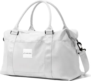 (Not Made In China) Travel Duffel Bag For Women, Waterproof Gym Tote, Overnight Weekender and Personal Item Bag, Carry On Duffle With Shoulder Strap and Luggage Trolley Sleeve (Light Gray)