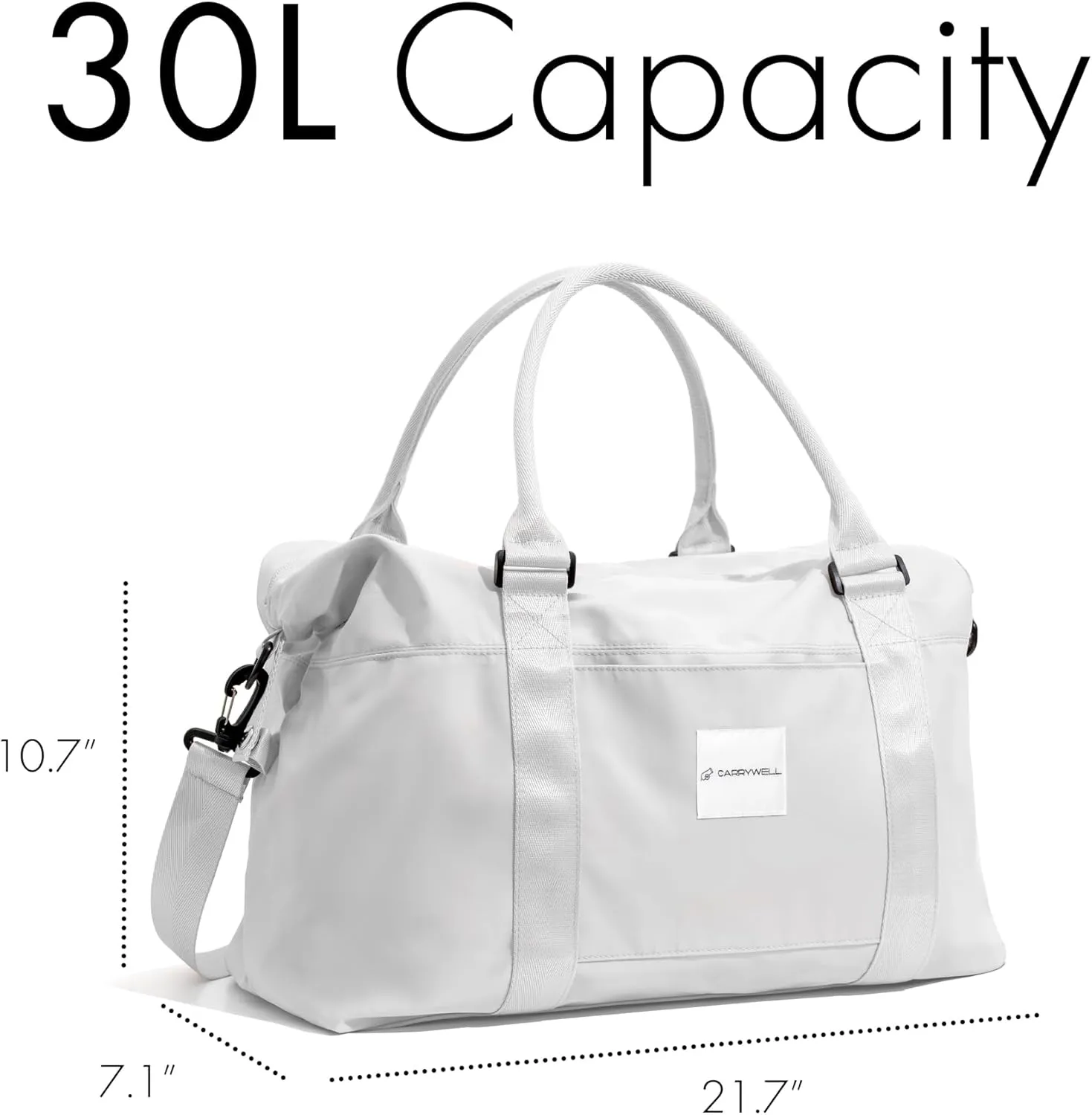 (Not Made In China) Travel Duffel Bag For Women, Waterproof Gym Tote, Overnight Weekender and Personal Item Bag, Carry On Duffle With Shoulder Strap and Luggage Trolley Sleeve (Light Gray)
