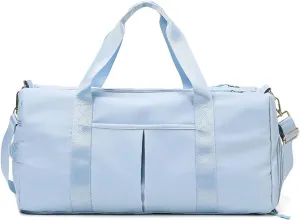 Nylon Travel Duffel Bag Sport Duffel Bag Weekend Shoulder Bag Women/Men Large Gym Tote Bag Overnight Bag Carry On Luggage Hospital Bag with Shoes Compartment and Wet Pocket Light Blue