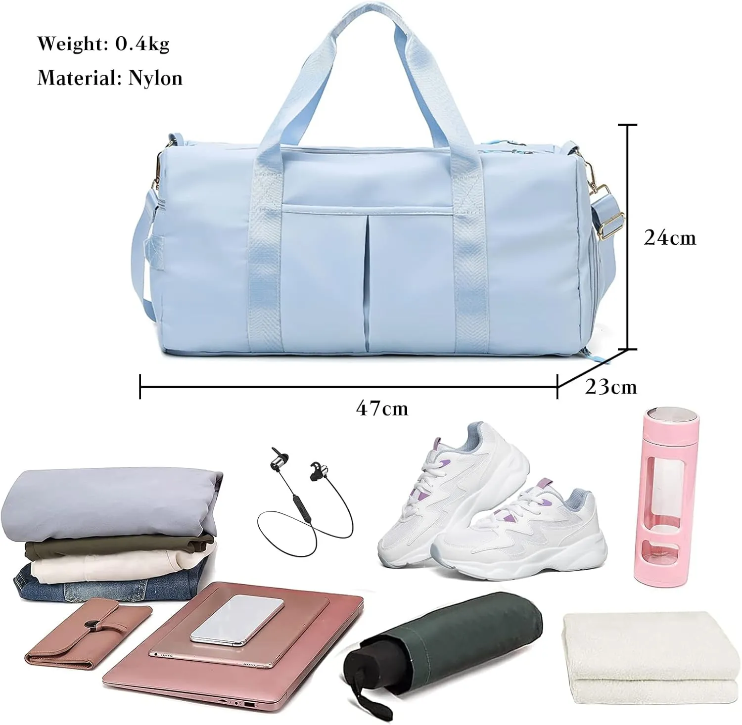 Nylon Travel Duffel Bag Sport Duffel Bag Weekend Shoulder Bag Women/Men Large Gym Tote Bag Overnight Bag Carry On Luggage Hospital Bag with Shoes Compartment and Wet Pocket Light Blue
