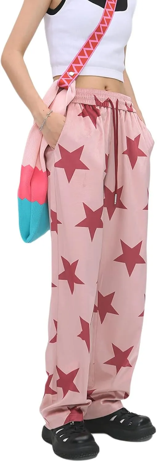 NZNDSHD Women Y2k Star Print Sweatpants Hippie Punk Drawstring Wide Leg Pants High Waist Trousers with Pockets Streetwear
