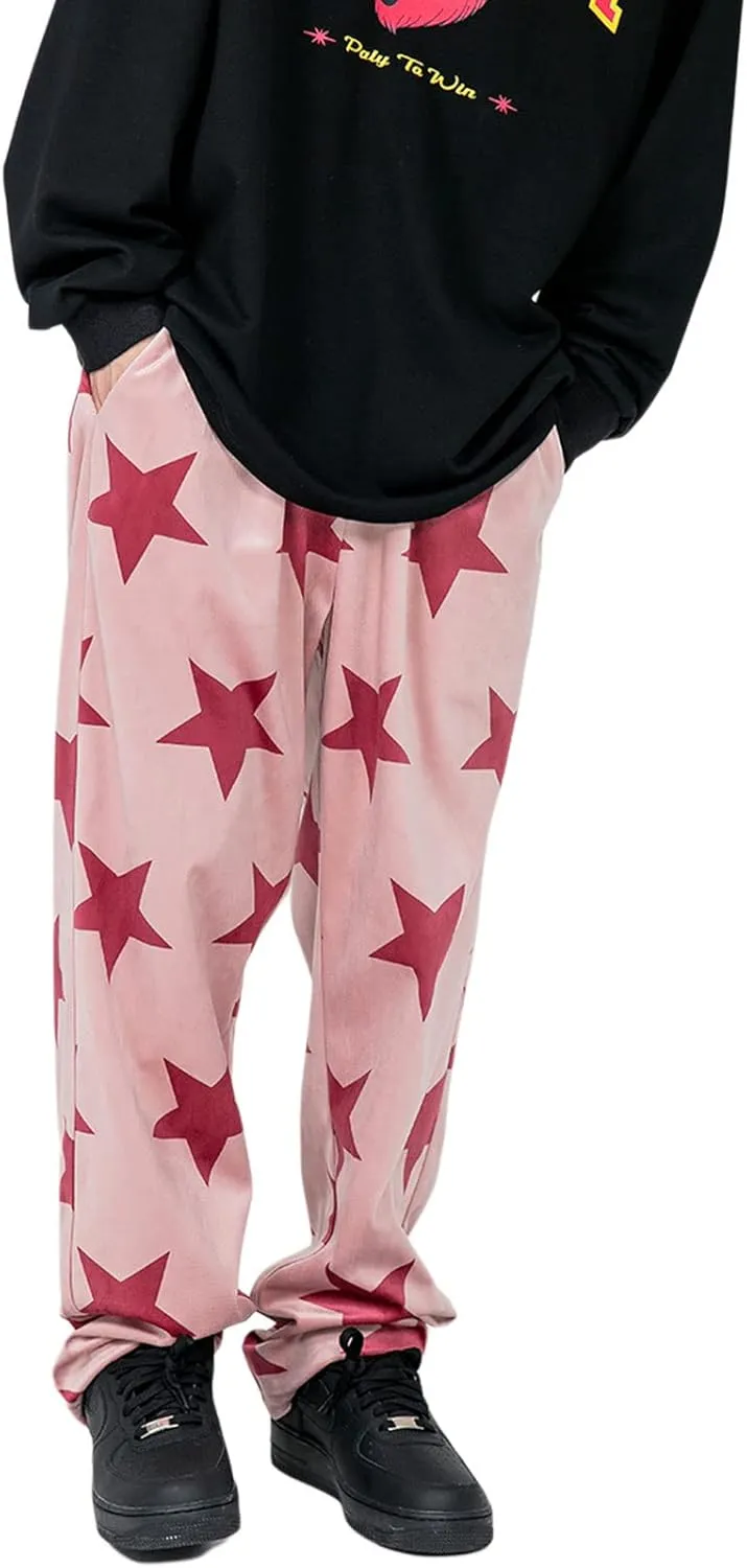 NZNDSHD Women Y2k Star Print Sweatpants Hippie Punk Drawstring Wide Leg Pants High Waist Trousers with Pockets Streetwear