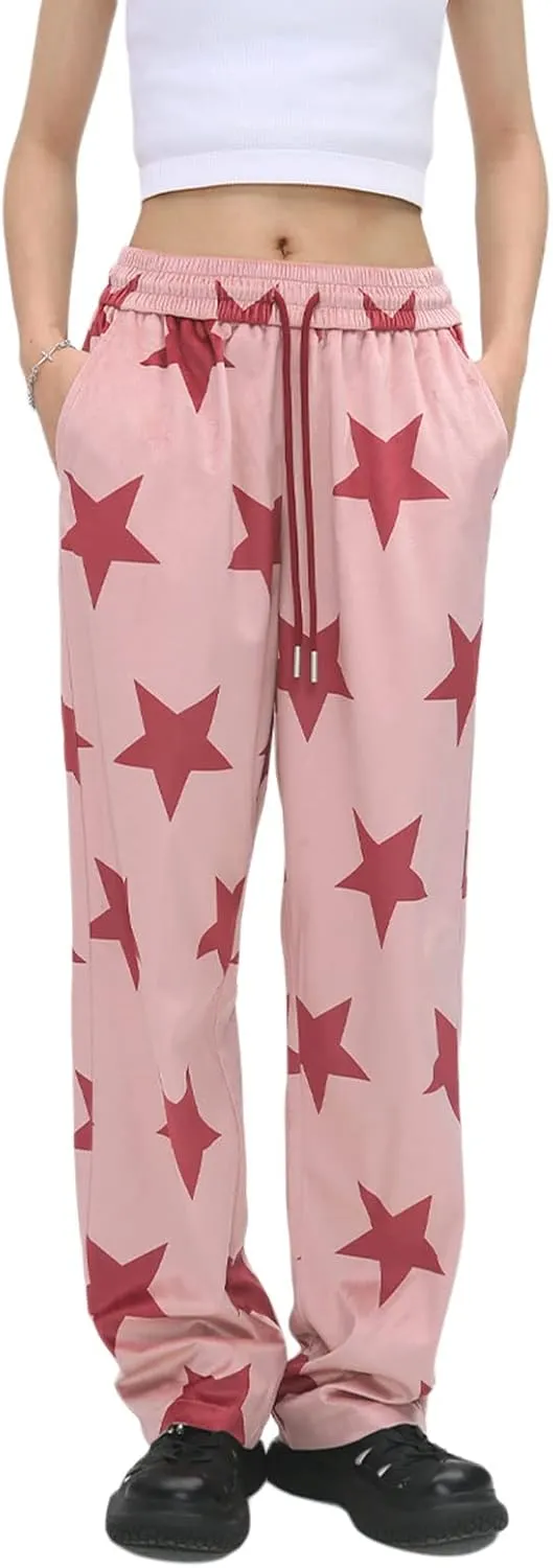 NZNDSHD Women Y2k Star Print Sweatpants Hippie Punk Drawstring Wide Leg Pants High Waist Trousers with Pockets Streetwear
