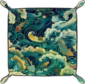 Ocean Fish Microfiber Leather Dice Trays Folding for RPG DND Table Games, Leather Dice Holder Storage Box Portable Folding Rolling Dice Tray, 20.5x20.5cm
