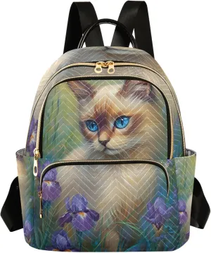 ODAWA Cat with Purple Floral Ladies Small Backpack Quilted Backpack Purse for Women