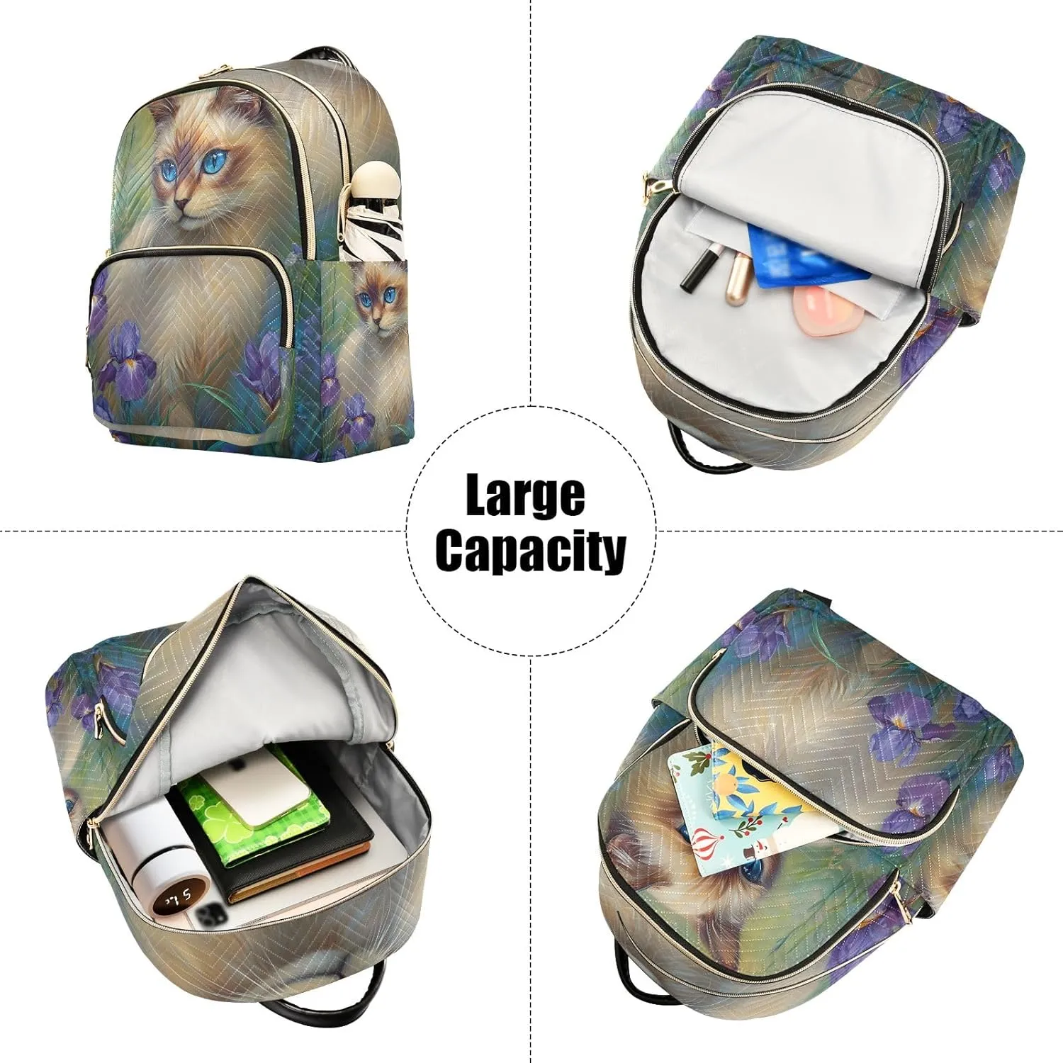 ODAWA Cat with Purple Floral Ladies Small Backpack Quilted Backpack Purse for Women