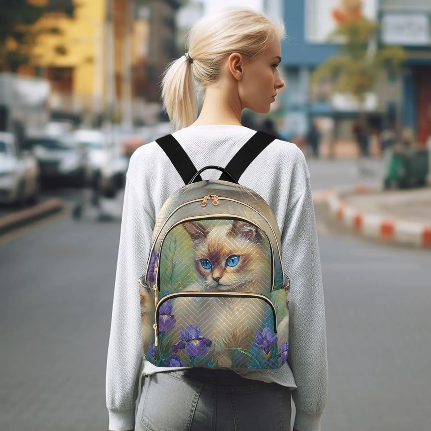 ODAWA Cat with Purple Floral Ladies Small Backpack Quilted Backpack Purse for Women