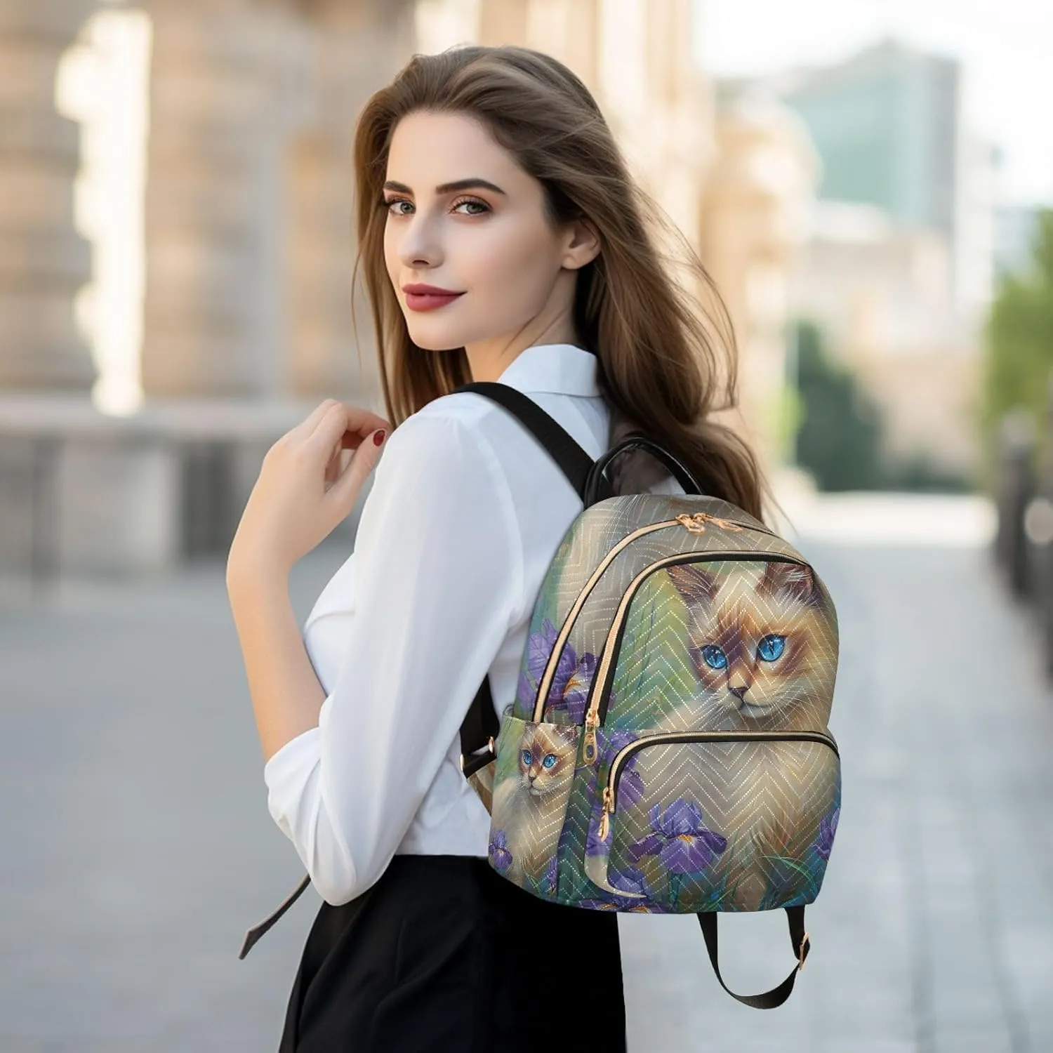 ODAWA Cat with Purple Floral Ladies Small Backpack Quilted Backpack Purse for Women