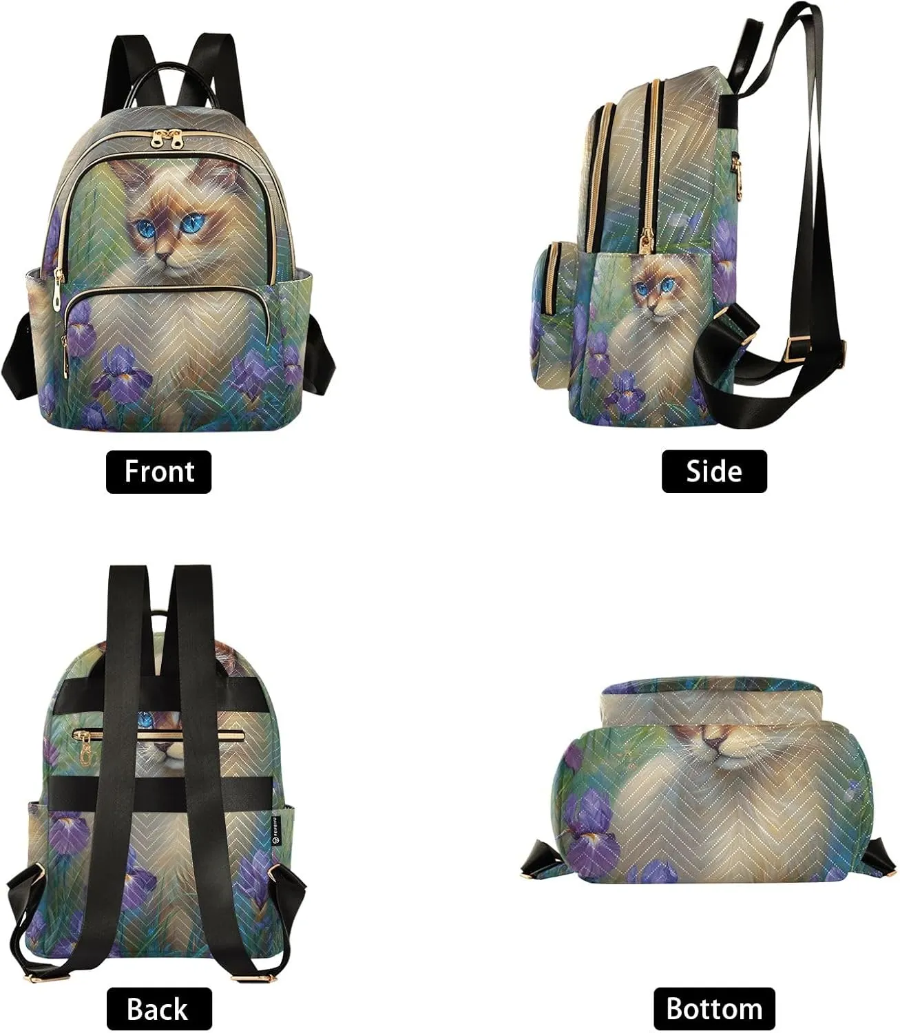 ODAWA Cat with Purple Floral Ladies Small Backpack Quilted Backpack Purse for Women